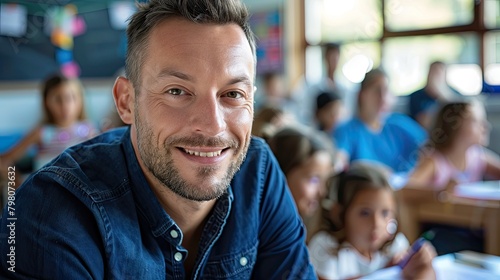 Portrait of a male teacher smiling on the classroom.