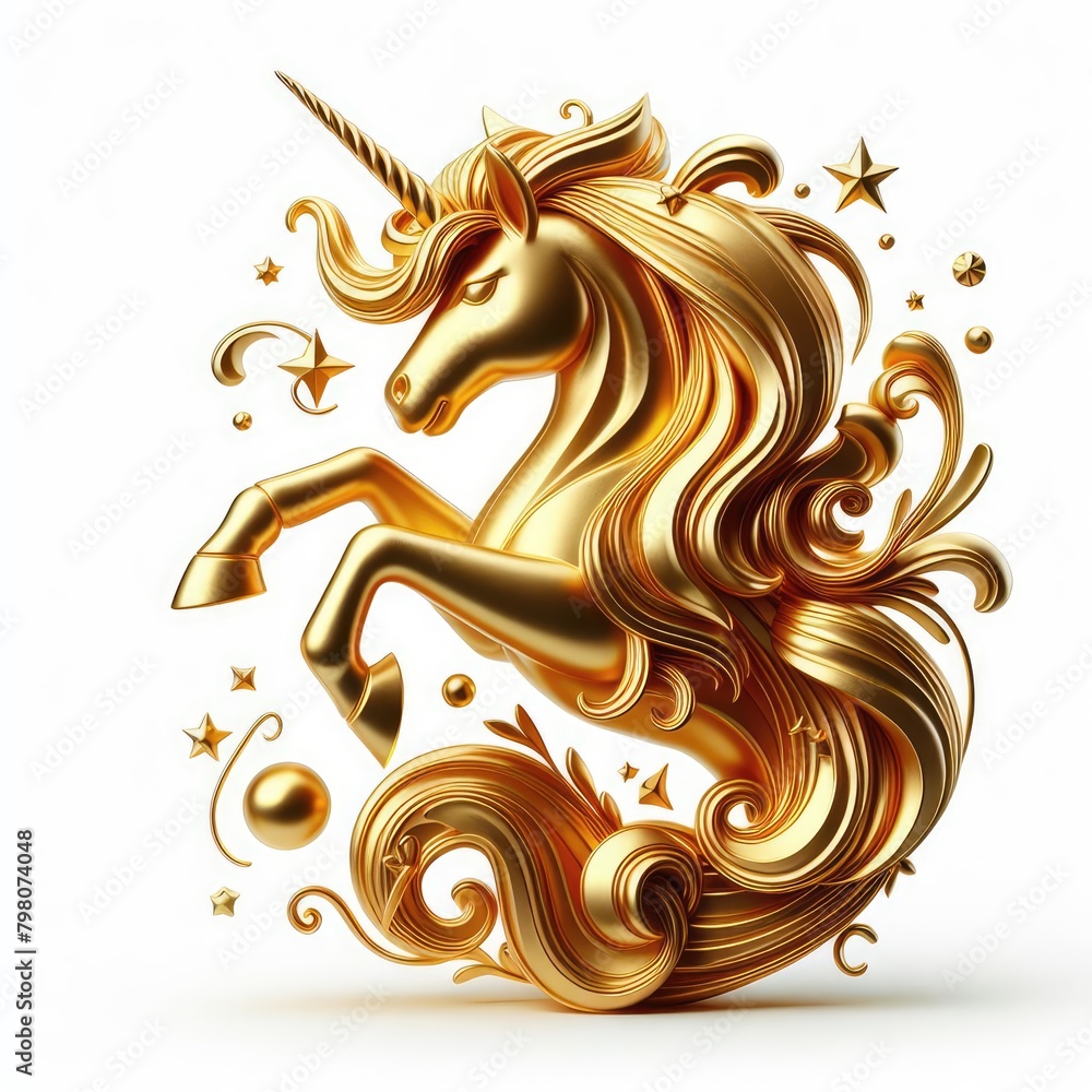 Golden unicorn logo. 3D gold jewelry model on a white background.