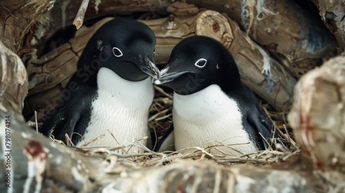 A heartwarming close-up capturing the tender interaction between two Adelie penguins as they lovingly touch beaks photo