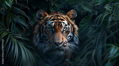 Majestic tiger prowling through the dense jungle 