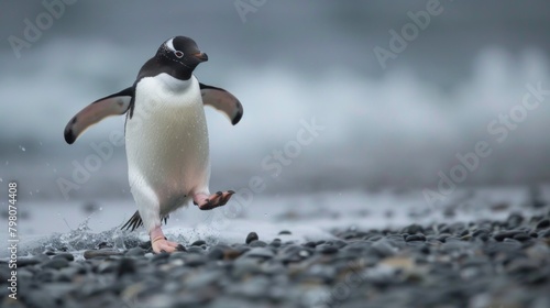 A Gentoo Penguin is captured mid-stride with splashing water around its feet on a pebble-covered beach photo