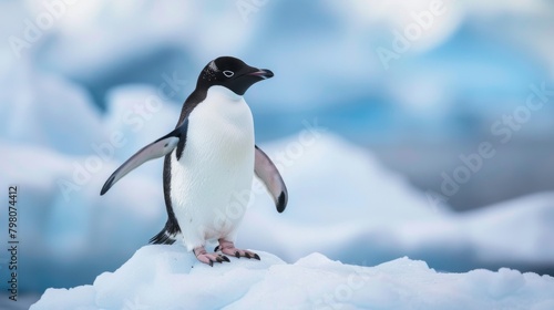 Sharp image of an Ad  lie Penguin standing confidently against a soft focus background of snow and ice