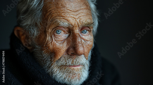 Professional studio photo portrait of a nice pleasant elderly man, senior, a retiree, with a pronounced emotional expression, widescreen 16:9 © elementalicious
