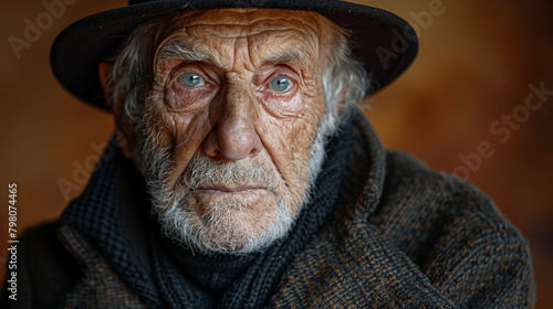 Professional studio photo portrait of a nice pleasant elderly man  senior  a retiree  with a pronounced emotional expression  widescreen 16 9