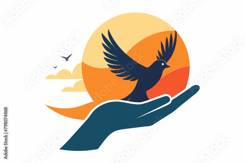 Sunset Hand Holding Bird Vector Illustration for Wall Art & Posters, Embracing Freedom