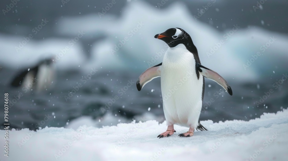 In the midst of falling snow, a Gentoo penguin stands on a snow-covered ground with a mysterious, snowy backdrop In the midst of falling snow, a Gentoo penguin stands on a snow-covered ground with a mysterious, snowy backdrop