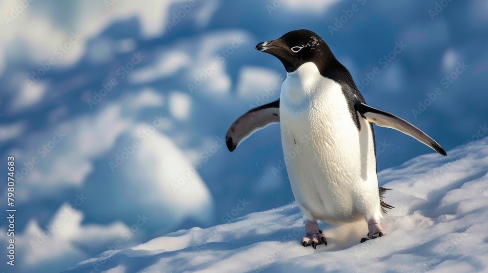 A bright and lively image of a penguin rejoicing in a snow-covered setting, featuring vibrant contrasts of black and white