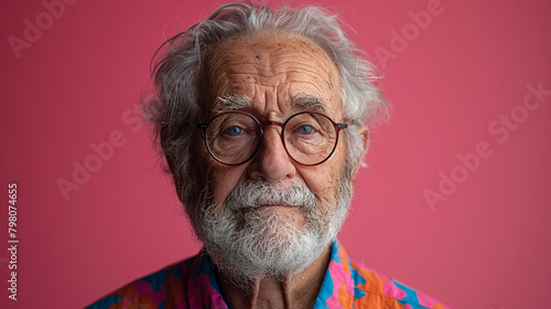 Professional studio photo portrait of a nice pleasant elderly man, senior, a retiree, with a pronounced emotional expression, widescreen 16:9