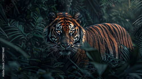 Majestic tiger prowling through the dense jungle 