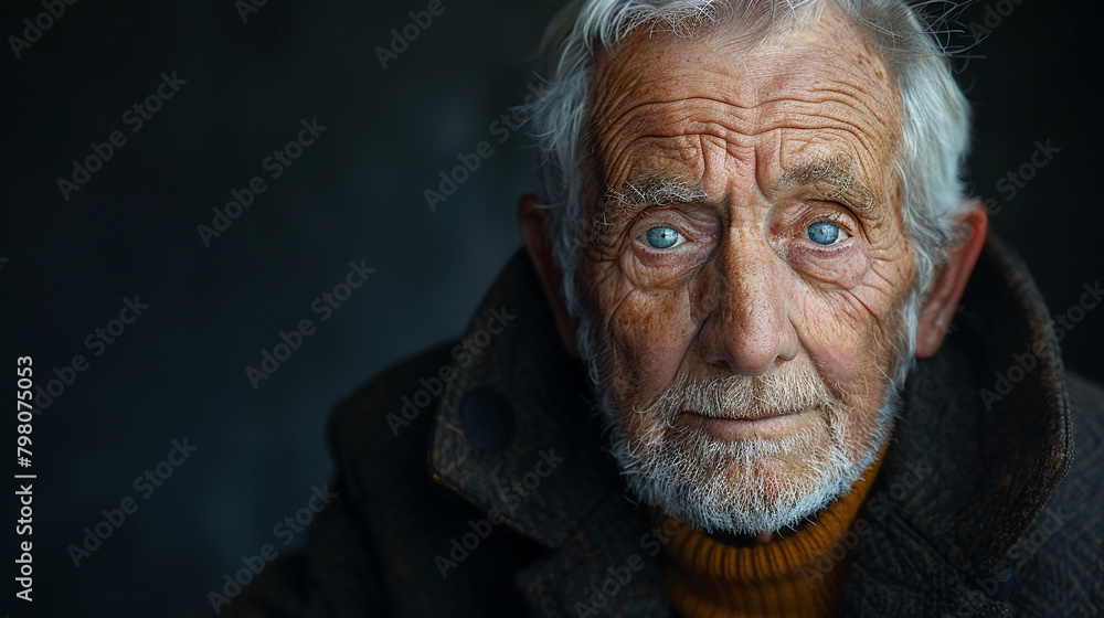 Professional studio photo portrait of a nice pleasant elderly man, senior, a retiree, with a pronounced emotional expression, widescreen 16:9 Professional studio photo portrait of a nice pleasant elderly man, senior, a retiree, with a pronounced emotional expression, widescreen 16:9
