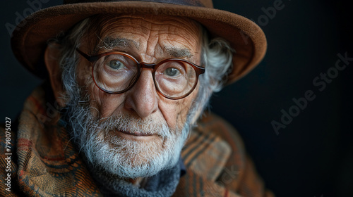 Professional studio photo portrait of a nice pleasant elderly man  senior  a retiree  with a pronounced emotional expression  widescreen 16 9