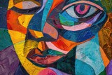 Detailed close up of a painting depicting a woman's face, suitable for art projects