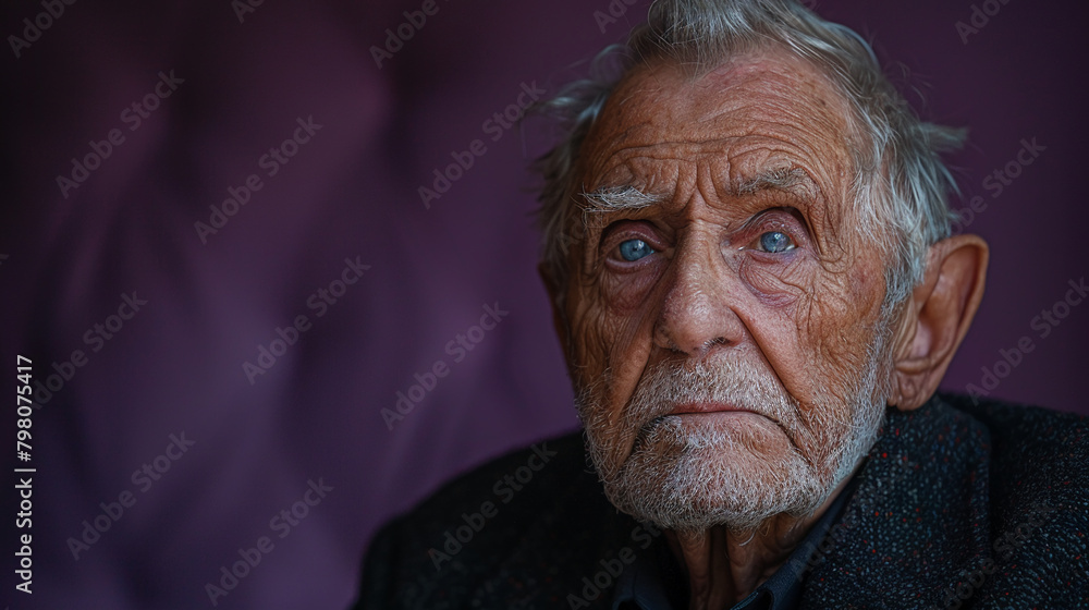 Professional studio photo portrait of a nice pleasant elderly man, senior, a retiree, with a pronounced emotional expression, widescreen 16:9