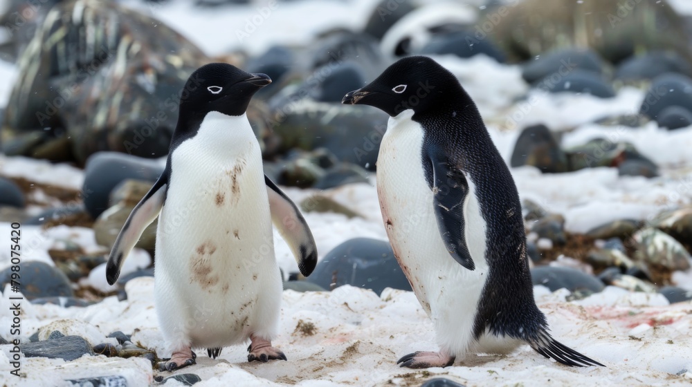 Fototapeta premium Two Adelie penguins are captured in a candid moment, standing face-to-face on a sandy, pebbled shoreline