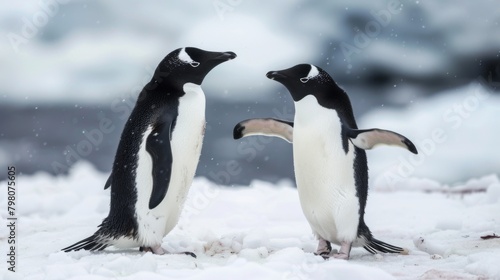 This photograph shows an intimate interaction between two penguins on the ice, conveying emotion and connection amongst wildlife