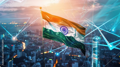 A digital indian flag on the map on a computer screen, displaying location markers and illustrating the interconnected relationship.  india independence day