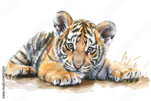 A cute tiger cub relaxing on the ground. Suitable for various projects