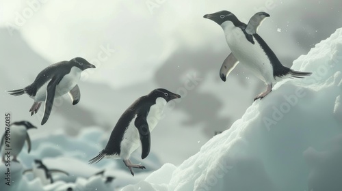 Adelie Penguins jump and walk on a snow-covered hill with a soft-focused winter background photo
