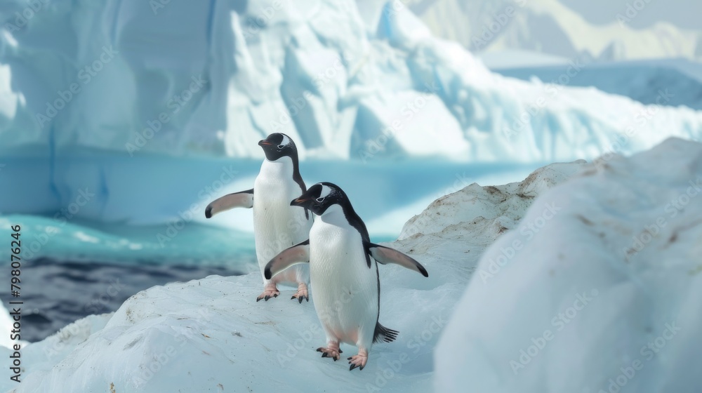 Obraz premium A serene scene with two penguins looking from different angles on a frosty ice terrain with glacial mountains behind