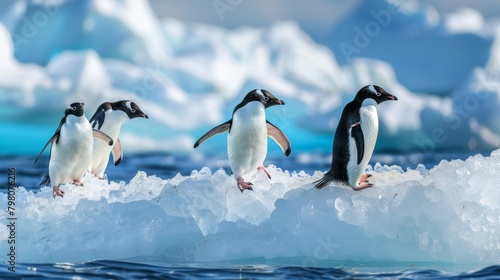 A captivating image of three penguins standing on a floating iceberg with a stunning icy blue background and clear skies