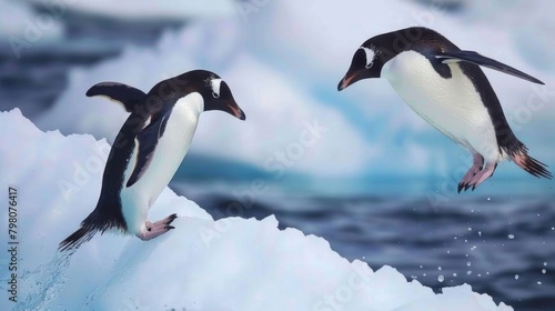 Close-up of two penguins in mid-leap off a snowy ledge into the sea  capturing their playful essence with a realistic style