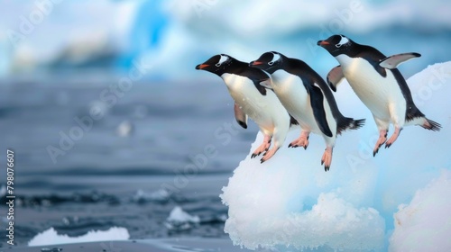 A serene image showcasing penguins on a small iceberg  set against a blurred icy landscape