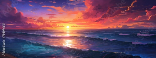 Sunset or sunrise in ocean  sky ablaze with vivid clouds over tranquil sea  nature landscape background  pink clouds flying in sky. Evening or morning sea view