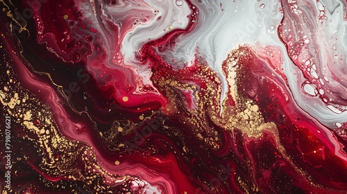 Abstract fluid art painting with swirling patterns of red and gold creating a luxurious and dynamic texture.