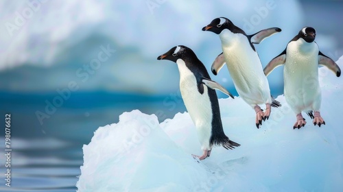 An image capturing the majestic march of penguins on a snow-covered ice cliff against a blurred backdrop © Drew