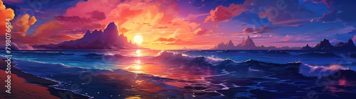 Sunset or sunrise in ocean  sky ablaze with vivid clouds over tranquil sea  nature landscape background  pink clouds flying in sky. Evening or morning sea view