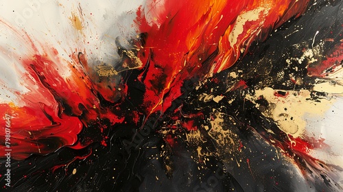 Vibrant abstract painting featuring a bold contrast of red and black with splashes of gold.