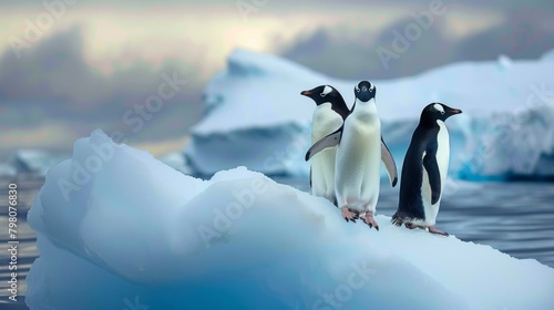 A striking image capturing three penguins standing confidently on a snowy iceberg  with a blurred blue-toned background depicting the chilly environment of their habitat