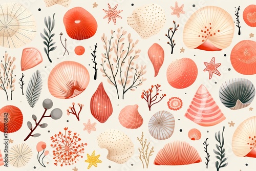 Seaside charm, cute repeating sea shells and coral, handdrawn background design , flat graphic drawing
