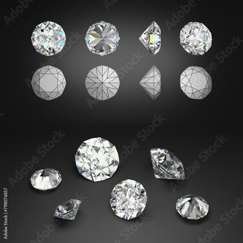 Demonstration of a diamond from different angles. Scheme of cutting. Scattering of gemstones. Black background. 3d rendering.