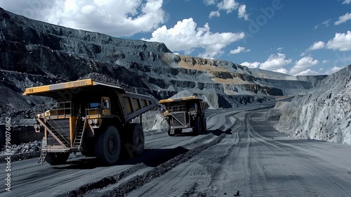 Open-pit mining raw minerals for steel production. Yellow quarry truck down. Quarry steps under sun.