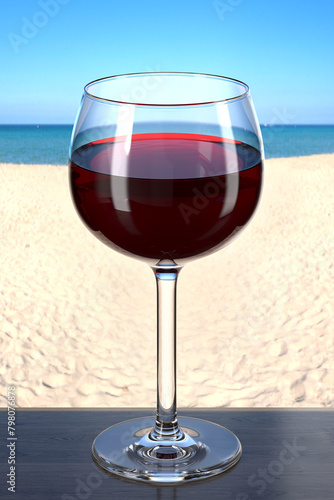 Glass of red wine on a wooden table at a beach bar. Picturesque background with sand and sea. Balloon style glass. 3d rendering.