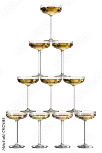 Champagne slide on isolated transparent background. Entertainment industry. Glass in coupe style. 3d rendering.