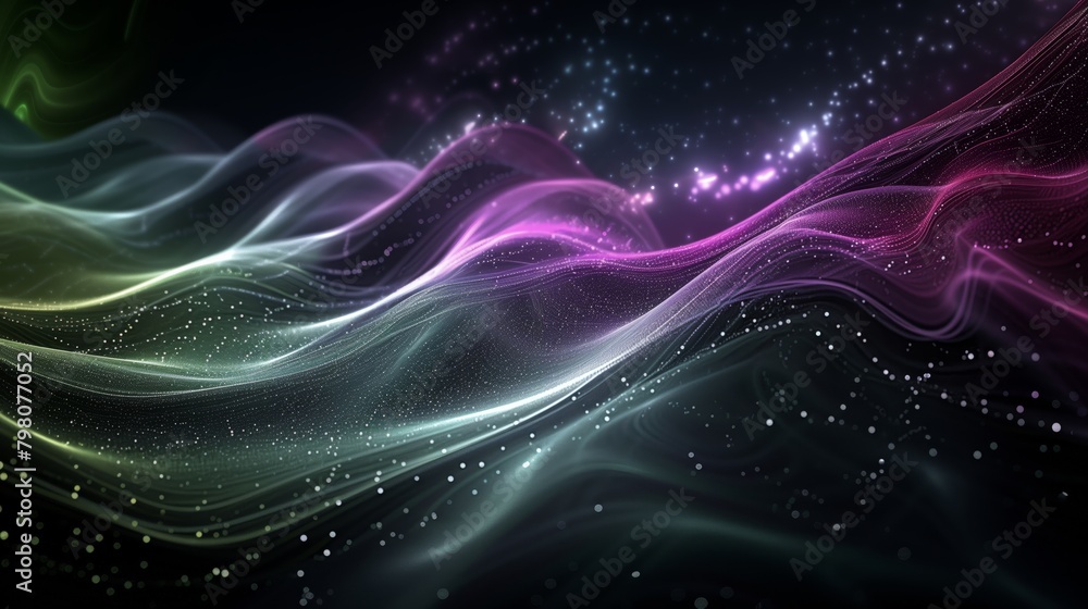 Purple, green and blue space waves and stars on the dark background. Purple, green and blue space waves and stars on the dark background.
