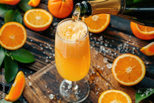 Champagne being poured into a glass of orange juice, perfect for celebrations and brunches photo