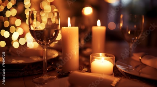 A romantic dinner setting with an LED candle array illuminating the table setting the perfect mood. 2d flat cartoon.