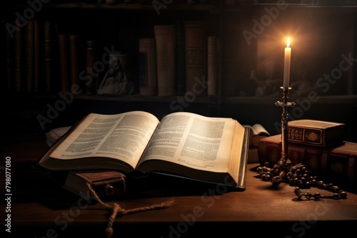 Holy Bible and Cross on Desk publication candle book.