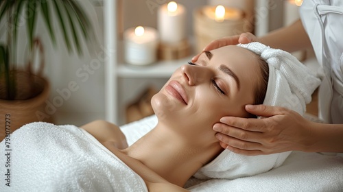 Young beautiful girl having face massage relaxing in spa salon