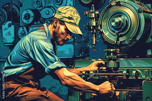 A man working on a machine in a factory. Suitable for industrial concepts