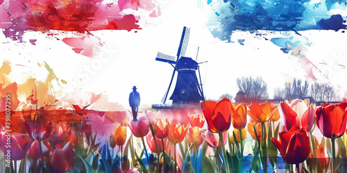 Dutch Flag with a Windmill Operator and a Tulip Farmer - Visualize the Dutch flag with a windmill operator representing Dutch engineering and a tulip farmer
