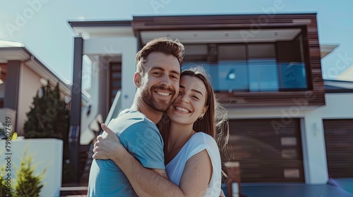 Happy millenial couple standing and hugging in front of their new modern house. photo