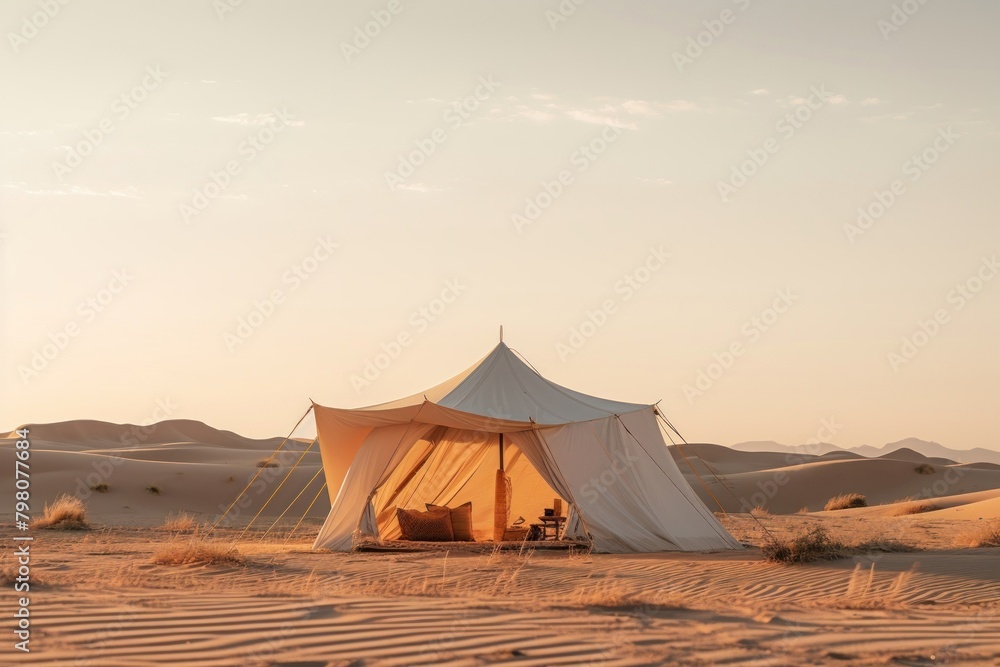 Minimalist tent outdoors camping desert.