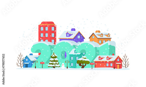 PNG, 2021 on Panoramic winter landscape in city park with snow covering. Happy New Year 2021 with winter landscape in city on Christmas eve. Cityscape. Buildings. Vector illustration