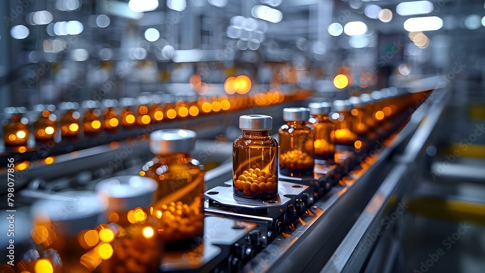 Pharmaceutical factory producing medical vials with glass bottles on production line. Concept Pharmaceutical Manufacturing, Glass Vials, Production Line, Quality Assurance, Drug Packaging
