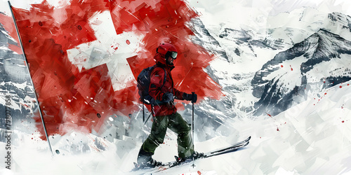 Swiss Flag with a Watchmaker and a Skier - Imagine the Swiss flag with a watchmaker representing Switzerland's watchmaking industry and a skier