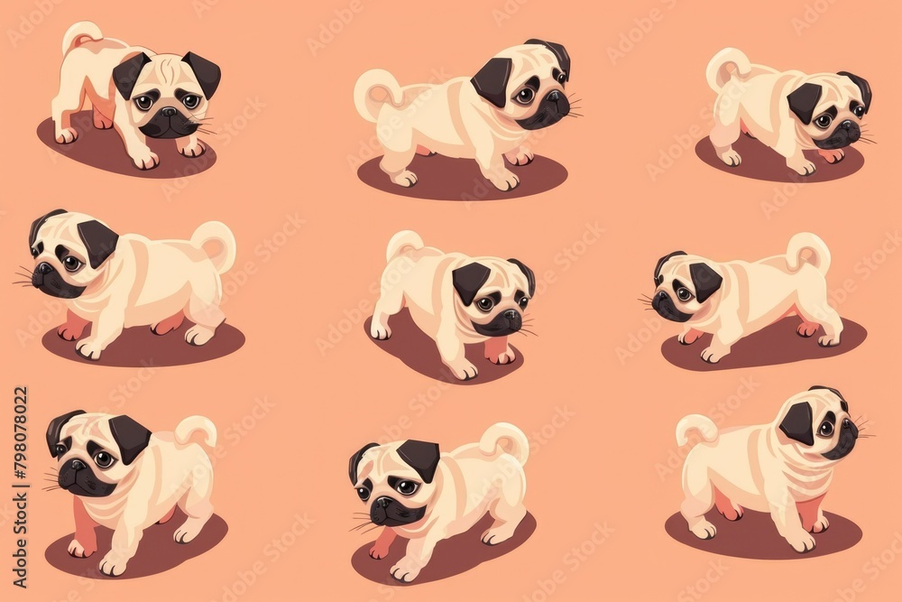 A collection of pug dogs in various poses. Suitable for pet-related designs A collection of pug dogs in various poses. Suitable for pet-related designs